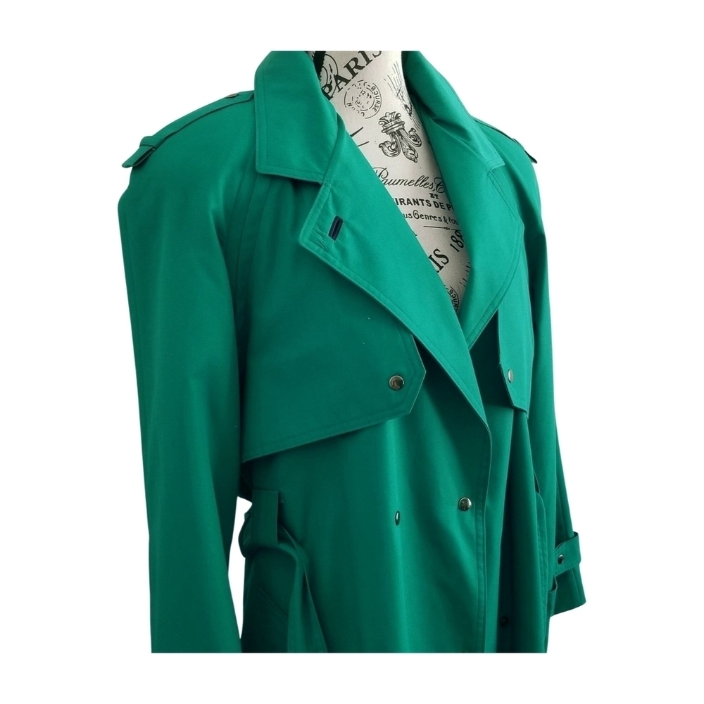 80s Vintage Emerald Spring Green Dopamine Trench Coat Maxi Lenght Size Large - Picture 8 of 13